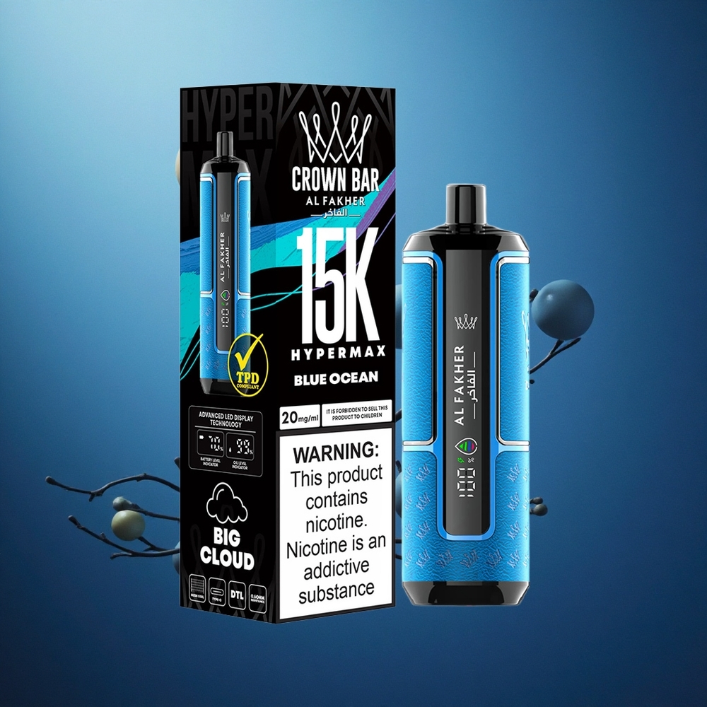 Al Fakher Crown Bar 15K Hypermax Vape Dispozabil Kit Ocean Albastră Capacitate E-Lichid de 22 ml Baterie de 600 mAh